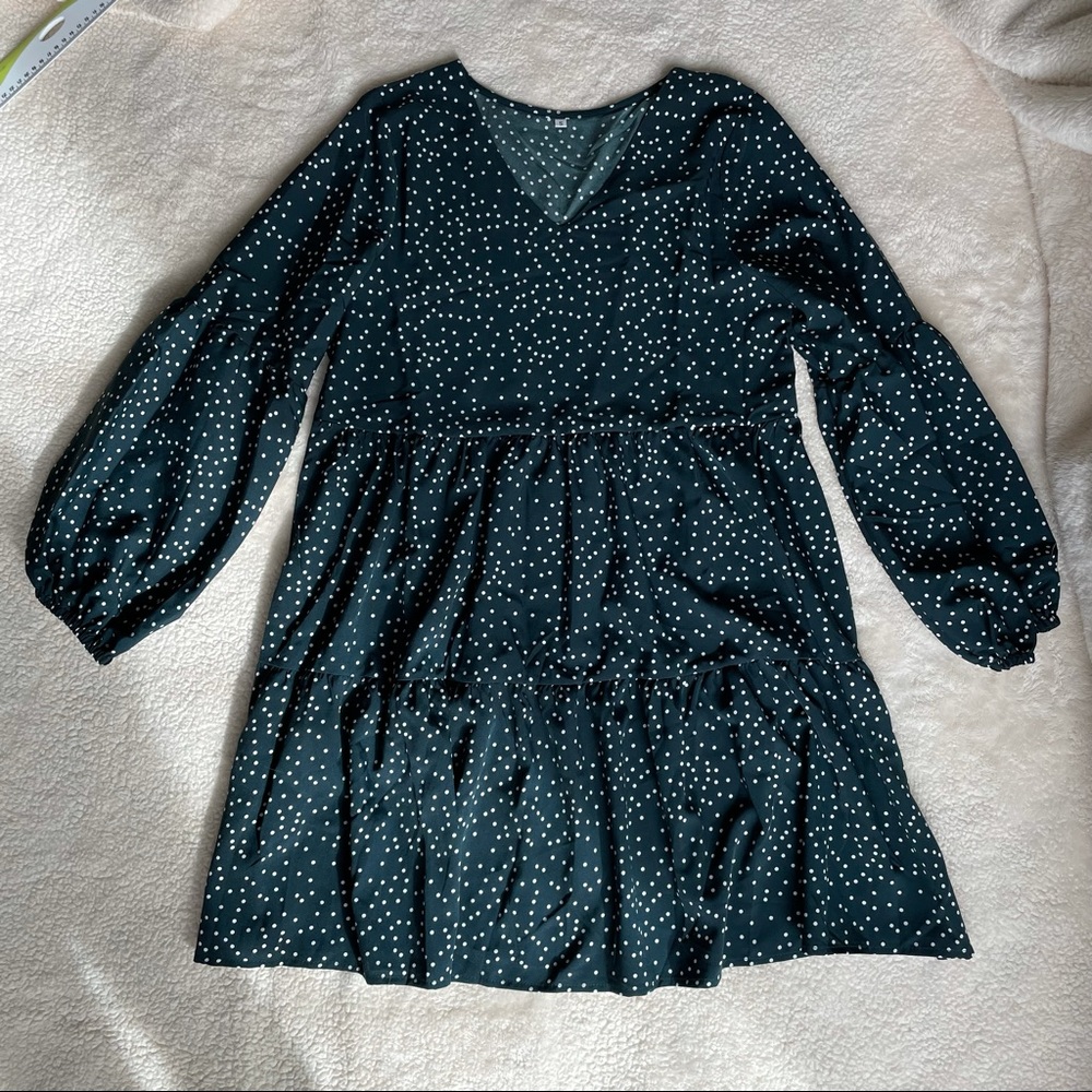 Polka Dot Long Sleeve V-Neck Tunic Dress Size S